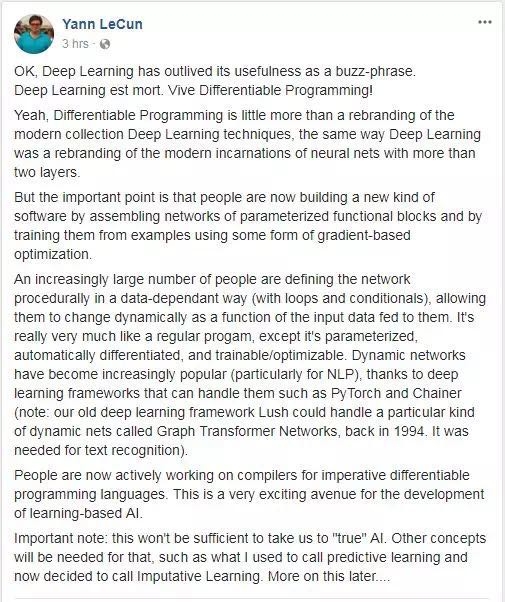 “卷积神经网络之父”Yann LeCun：深度学习已死，可微分编程万岁！